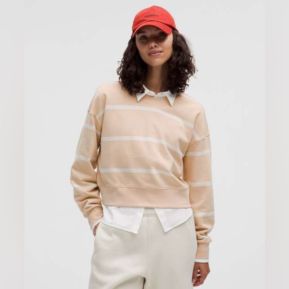 Lululemon perfectly oversized cropped striped crewneck cafe au lait white opal